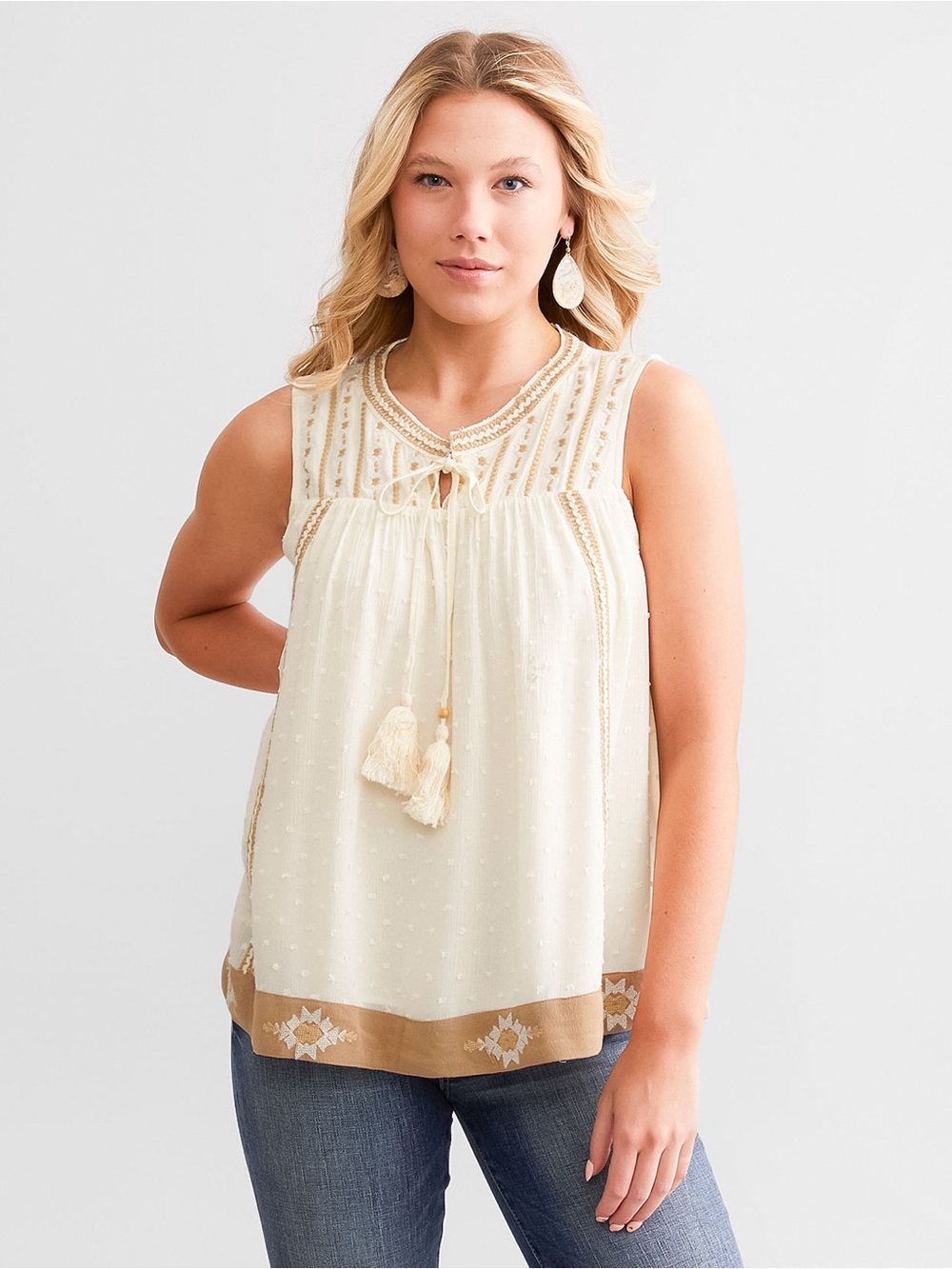 MISS ME Nubby Floral Embroidered Tank Top with Tassels Cream Sleeveless Boho M